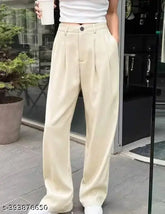 Formal, non-stretchable cotton blend high waist pants for women - ideal for casual wear & office wear trousers, solid color design